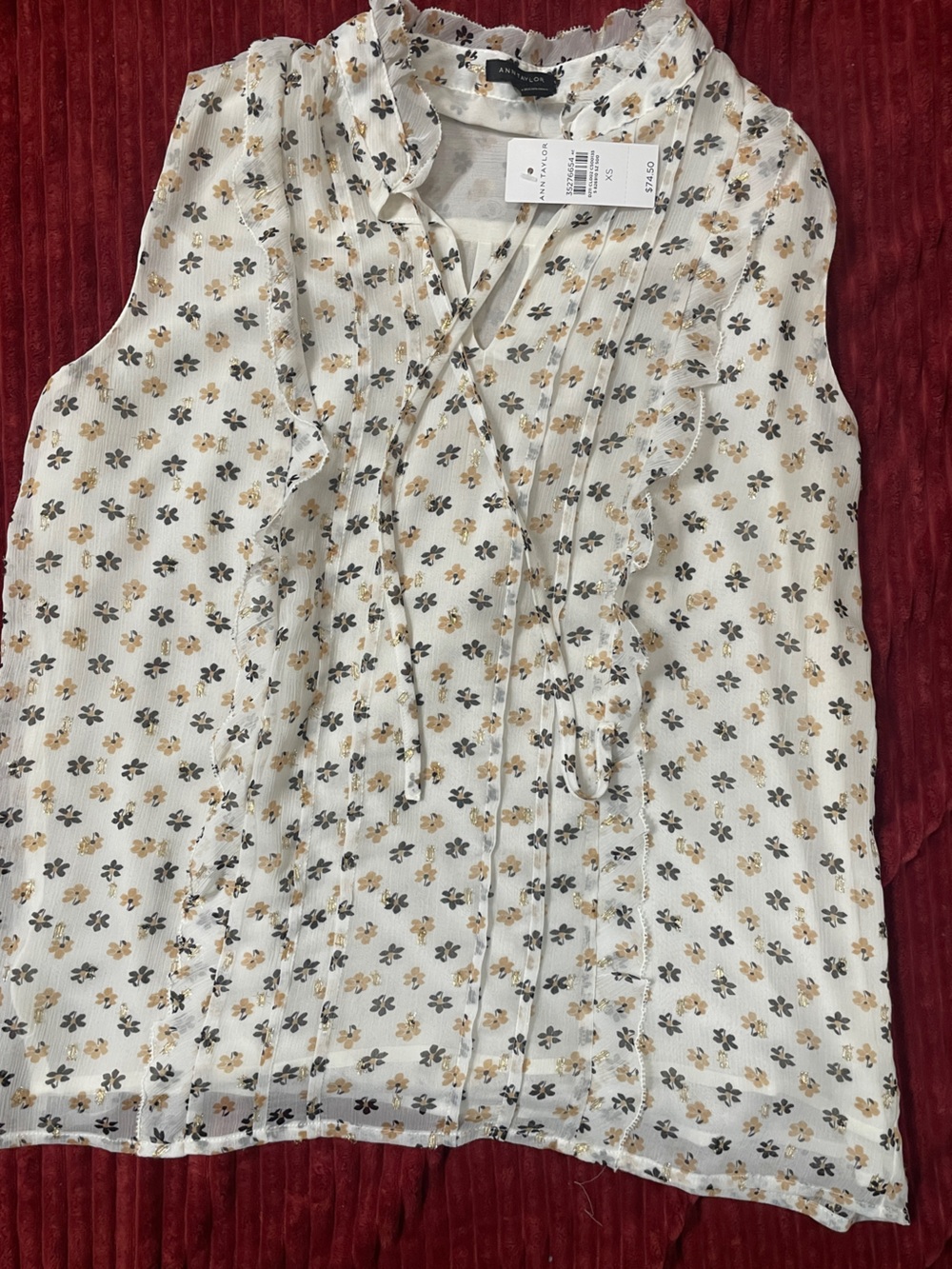 Ann Taylor Cream Floral Ruffle-Trim Tie-Neck Camisole